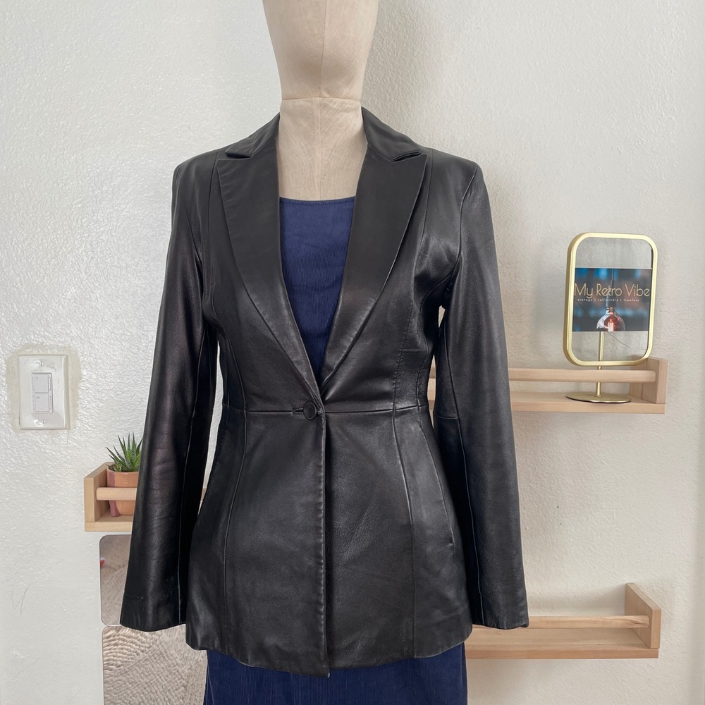Cache Vintage Black Leather Blazer Single Button Tailored Jacket Women‎ Size 2